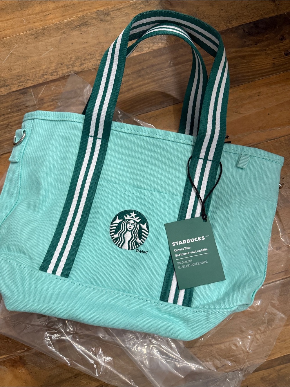 Starbucks Mint Green Canvas Tote with Dark Green Striped Handles